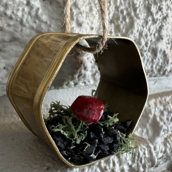 Ring Mushroom Ornament - brass hexagon red top