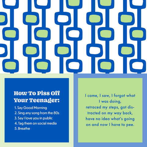 A cocktail napkin with a blue and green geometric pattern and humorous text on both sides.