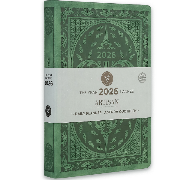 2026 Artisan Daily Planner — Green Vegan Leather Vintage Style (5.7