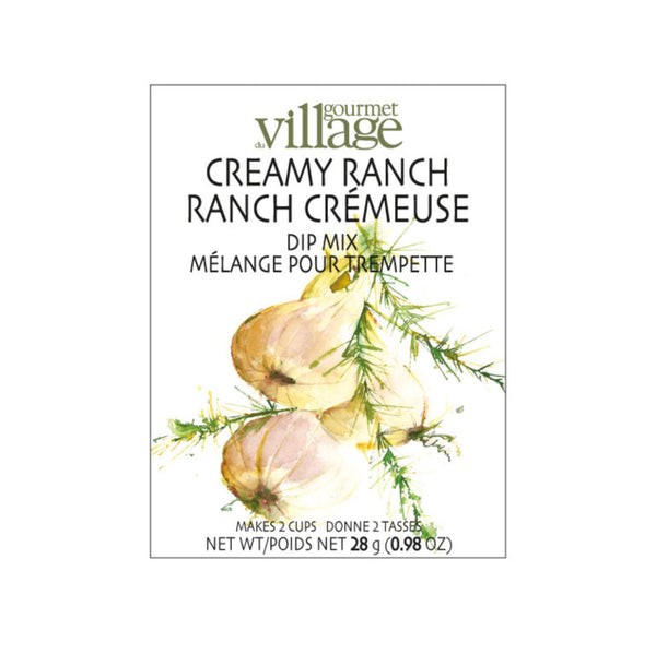 Village Gourmet Creamy Ranch dip mix packaging with onions and herbs on a white background