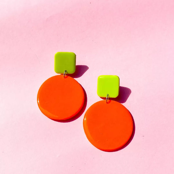 Orange and Green Polymer Clay Colour Block Dangle Earrings