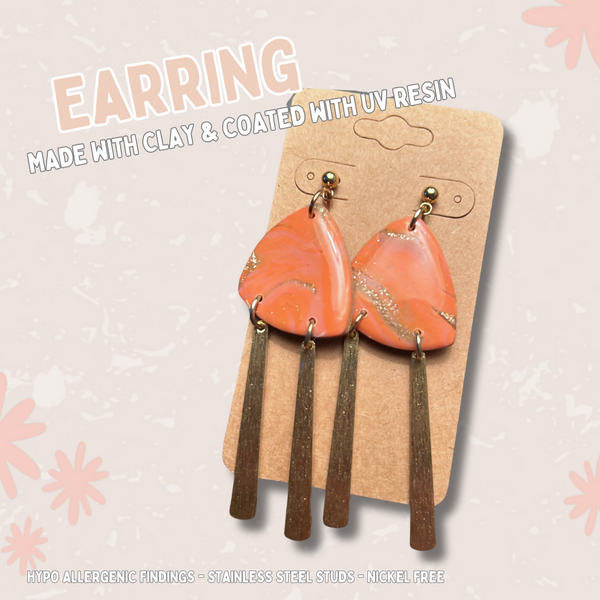 Funky Orange Triangle Clay Marble w/ Long Gold Dangle - Earrings