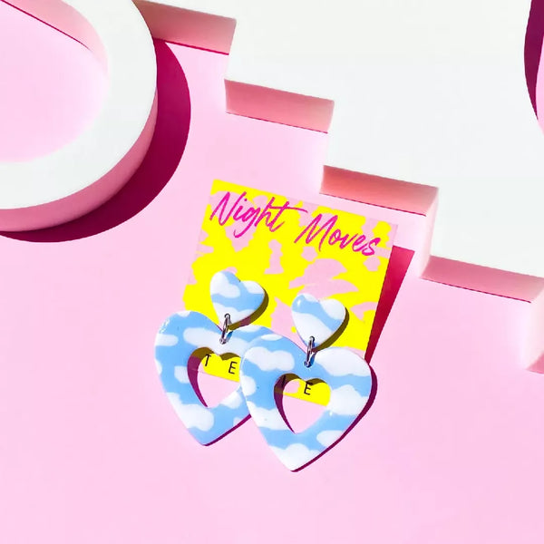 Polymer Clay Cloud Print Heart Dangle Earrings