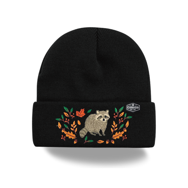 Tuque d'hiver tricotée brodée de raton laveur canadien et de feuilles d'érable, style extérieur