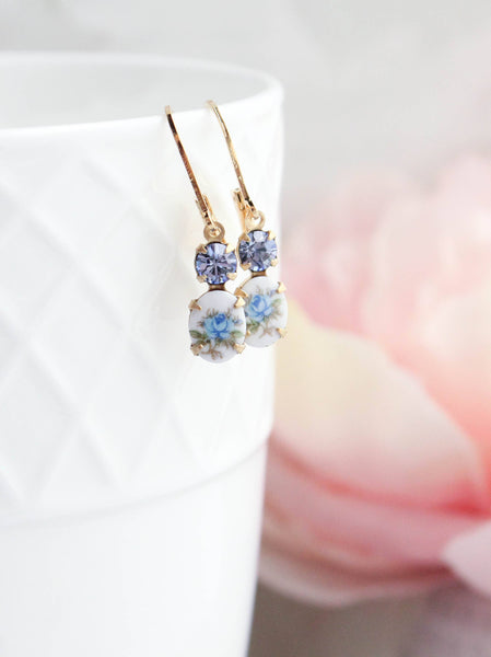 Little Blue Rose Cameo Earrings | Vintage Glass | Lever back