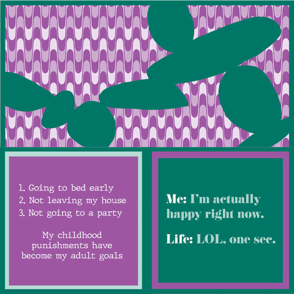 Napkin with two humorous statements on a purple and green patterned background