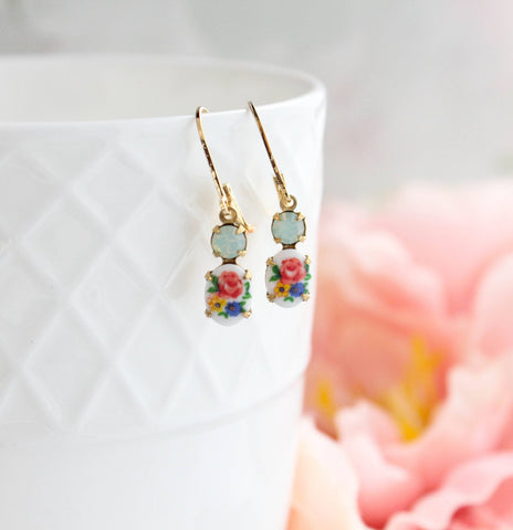 Little Floral Cameo Earrings - Vintage Glass