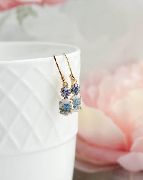 Little Blue Rose Cameo Earrings | Vintage Glass | Lever back
