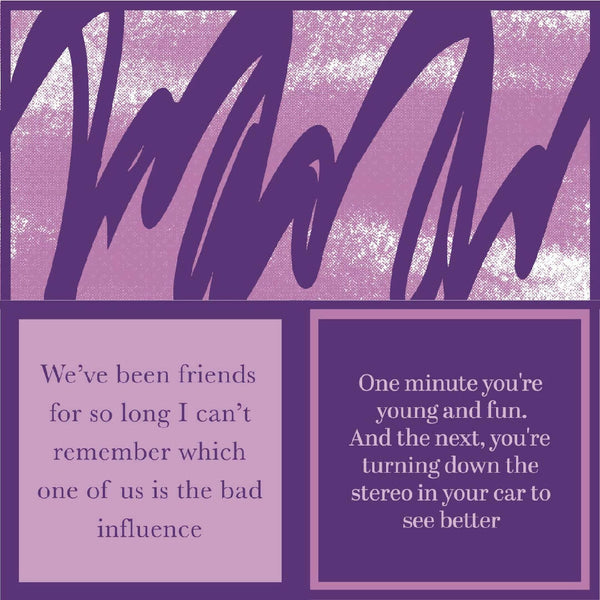 Purple napkin with text about friendship and being a bad influence on a purple background
