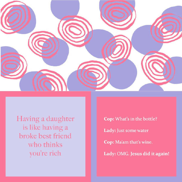 Napkin with purple and pink circular patterns and funny text on a white background