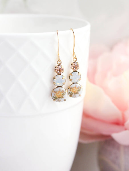 Yellow  Rose Earrings | Vintage Glass Earrings | Three Jewel