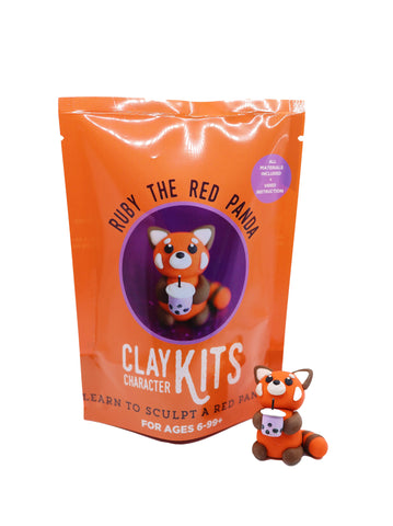 DIY Clay kit with a red panda character drinking boba tea