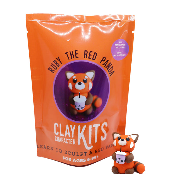 DIY Clay kit with a red panda character drinking boba tea