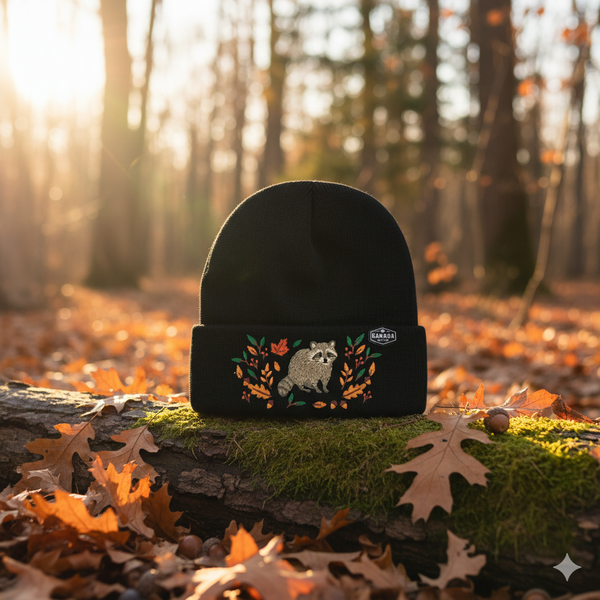 Canada Raccoon Embroidered Knit Toque Winter Hat Woodland Maple Leaf Outdoor Style