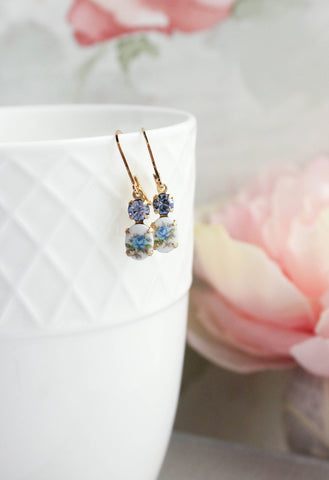 Little Blue Rose Cameo Earrings | Vintage Glass | Lever back