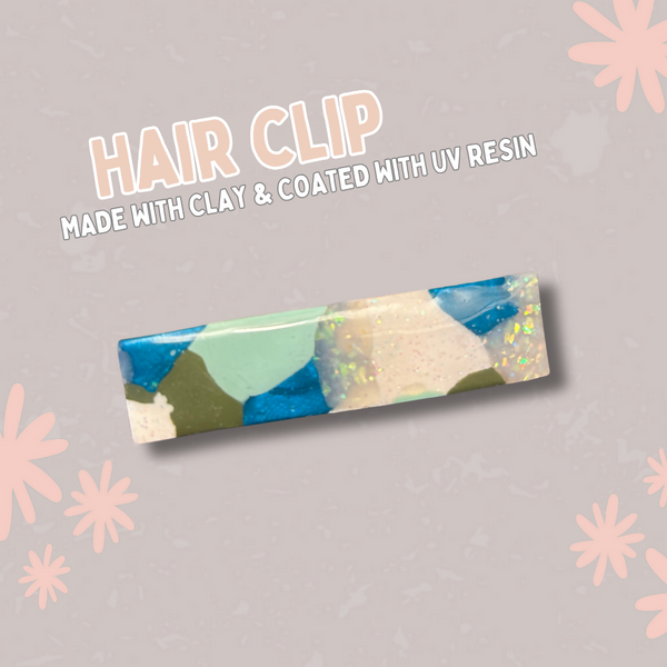 Marble Clay Hair Clip - Blue/White/Holo