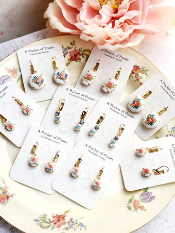 Little Floral Cameo Earrings - Vintage Glass