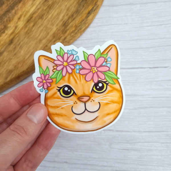 Flower Crown Orange Tabby 3" Vinyl Sticker - Shop Motif