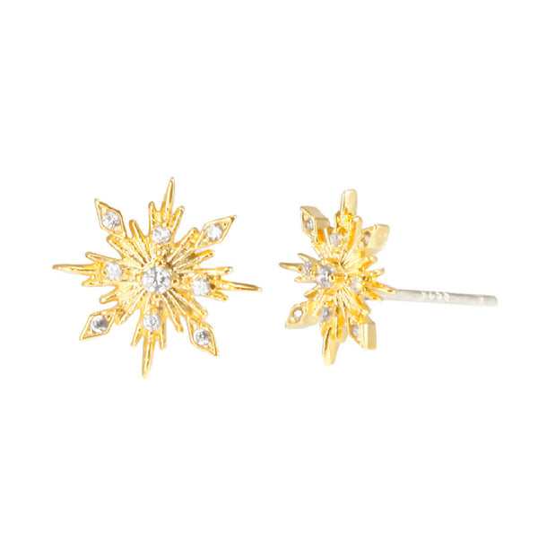 Gold star-shaped earrings with clear gemstones on a white background