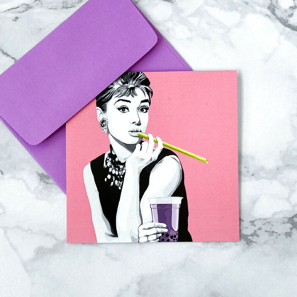 Audrey Hepburn with boba blank greeting card