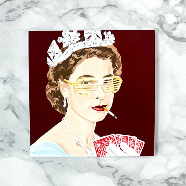 Queen Elizabeth playing poker - blank greeting card