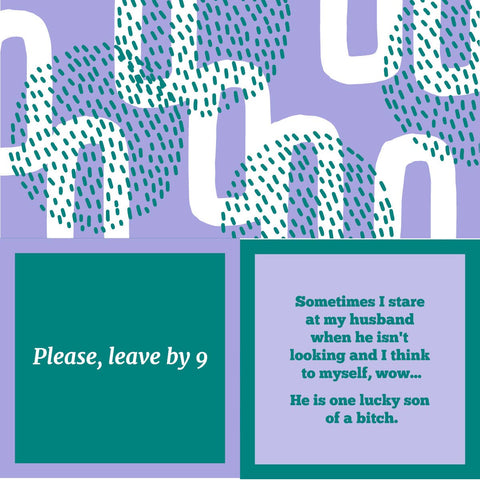 A cocktail napkin with a dotted pattern and text that reads 'Please, leave by 9' on a purple background.