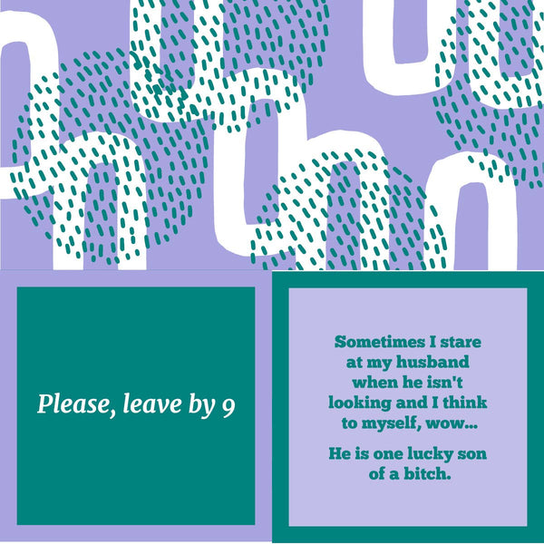 A cocktail napkin with a dotted pattern and text that reads 'Please, leave by 9' on a purple background.