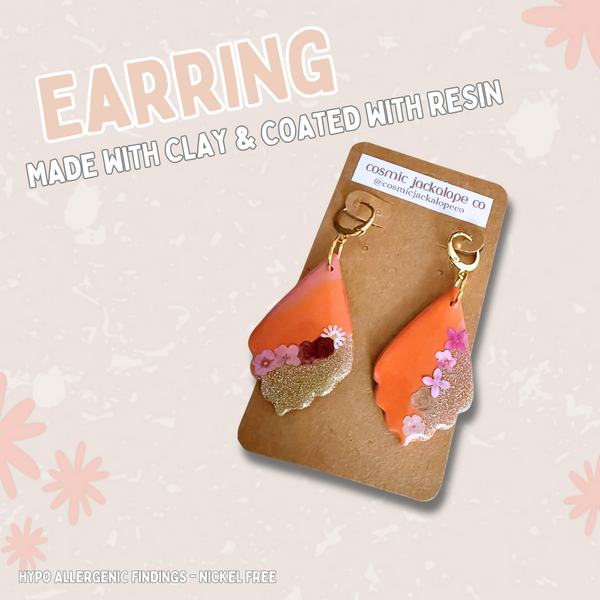 Orange/Gold Floral Teardrop Clay Dangle Earrings