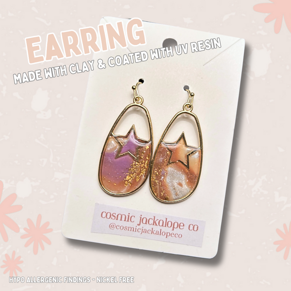 Gold Oval Star Clay Marble - Dangle Earrings