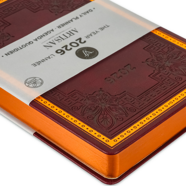 2026 Artisan Daily Planner — Burgundy Vegan Leather Vintage Style (5.7