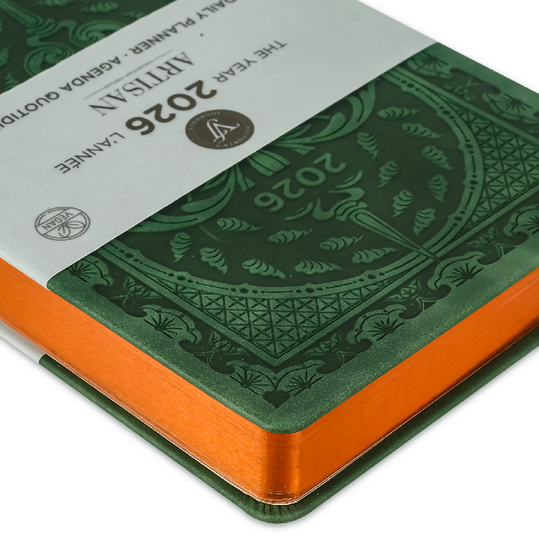 2026 Artisan Daily Planner — Green Vegan Leather Vintage Style (5.7
