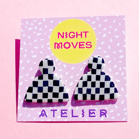 Checkerboard Fan Mini Stud Earrings in Black and White