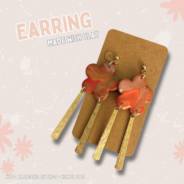 Orange Floral / Gold - Dangle Earrings