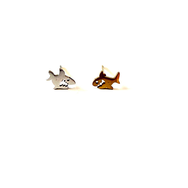 Gold and silver shark stud earrings