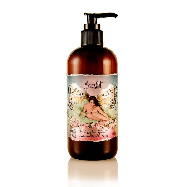 Brown bottle of Vanilla Effect cleansing wash with a decorative label featuring a fairy design on a white background