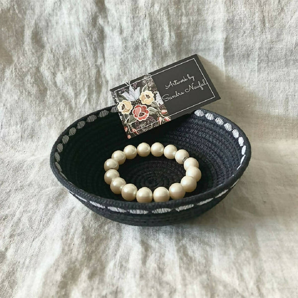 Black Trinket Rope Bowl with Decorative Stitching