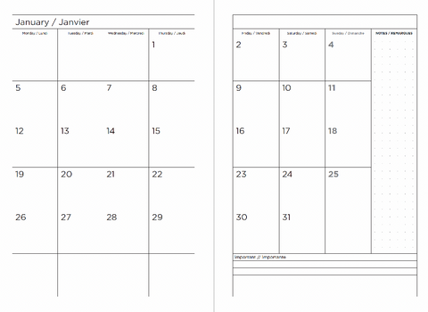 Calendar for January with days of the week labeled in both English and French.