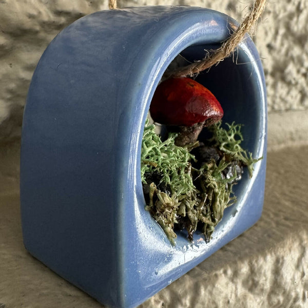 Ring Mushroom Ornament - blue ceramic, red top