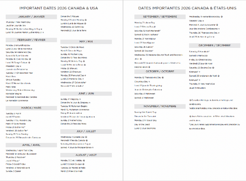 Calendar with important dates for 2026 in Canada and USA on a white background