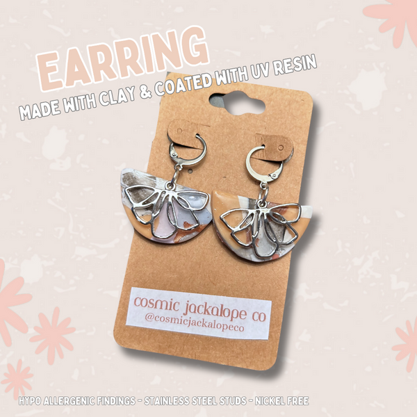 Half Circle Clay Marble & Silver Flower - Dangle Earrings